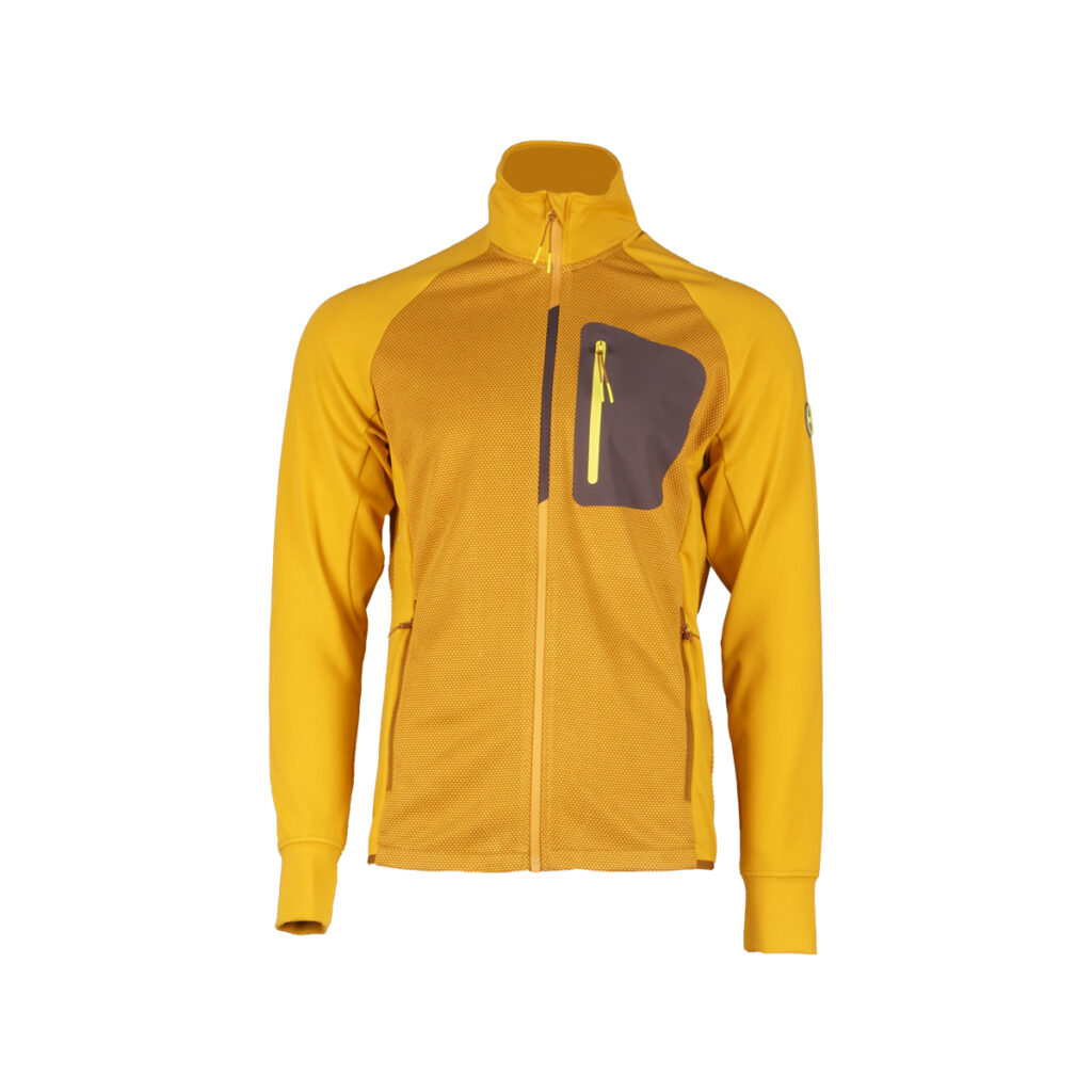 Produktbild von gelber Outdoorjacke für Sport, ideal geeignet zum Training und sportliche Aktivitäten in der Natur.